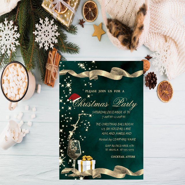 Invitation Santa Hat, Verre, Noël d'entreprise vert (Créateur téléchargé)