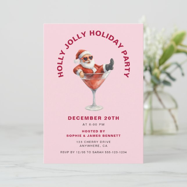 Invitation Santa Holly Jolly Christmas Party Pink & Red (Debout devant)