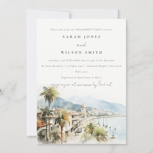 Invitation Santa Marta Colombia Watercolor Scape Engagement (Devant)