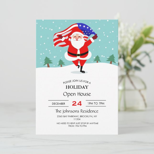 Invitation Santa running with american flag (Debout devant)