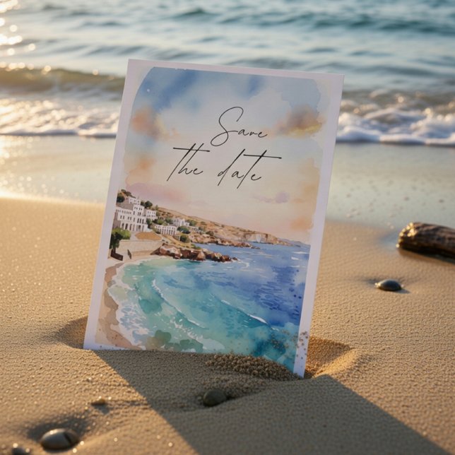 Invitation Santorin Date de Sauvegarde Côtière | Plage à l'aq (Créateur téléchargé)