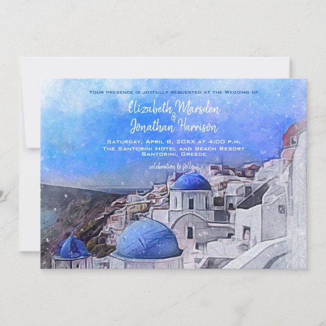 Invitation Santorin Grèce Aquarelle Destination Mariage (Devant)