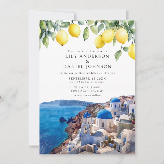 Invitation Santorin Grèce Citrons Mariage Tout En Un (Devant)