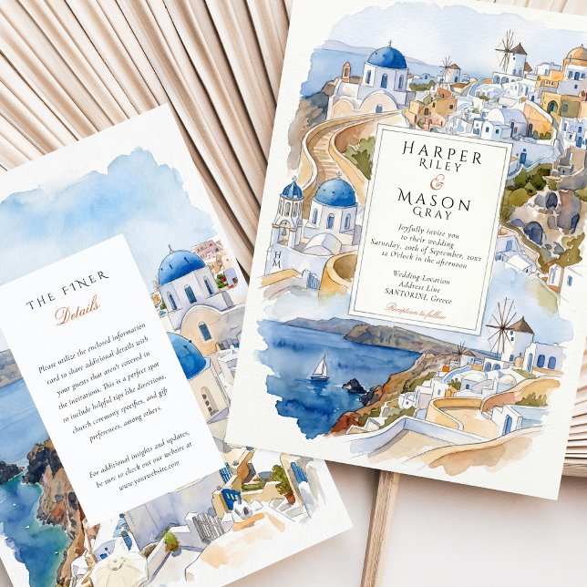 Invitation Santorin Grèce Destination de caldeira aquarelle  (Créateur téléchargé)