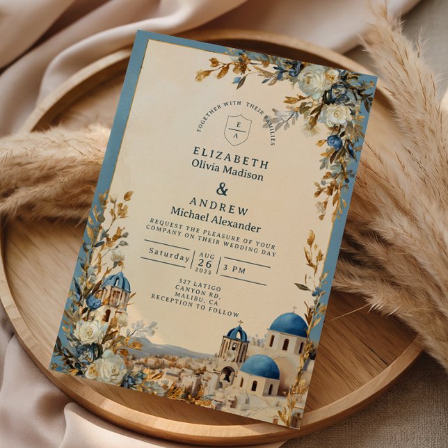 Invitation Santorini Blue Dome Botanical Wedding (Créateur téléchargé)