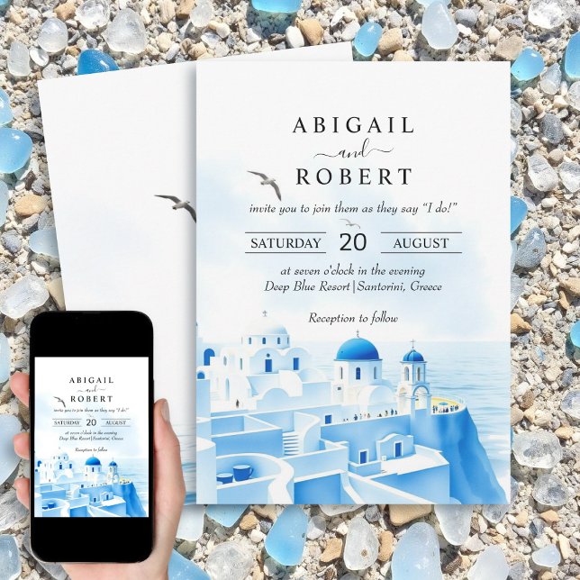 Invitation Santorini Grèce aquarelle paysage mariage (Créateur téléchargé)