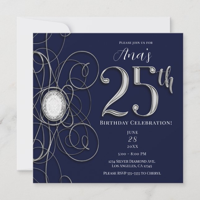 Invitation Saphir Bleu & Diamant Argent 25 25ème Anniversaire (Devant)