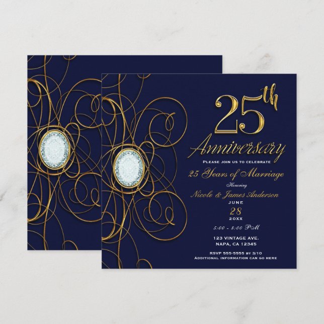 Invitation Saphir Bleu & Diamant Or 25 25e Anniversaire (Devant / Derrière)