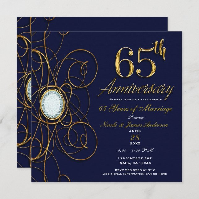 Invitation Saphir Bleu & Diamant Or 65 65e Anniversaire (Devant / Derrière)