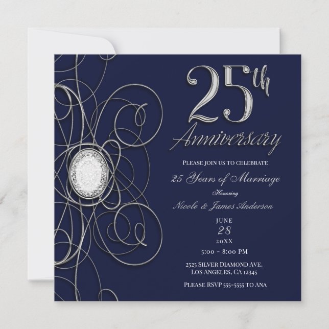Invitation Saphir Bleu et Diamant Argent 25 25e Anniversaire (Devant)