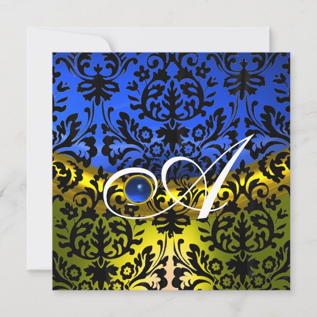 INVITATION SAPHIR BLEU JAUNE DAMAS NOIR MONOGRAMME (Devant)