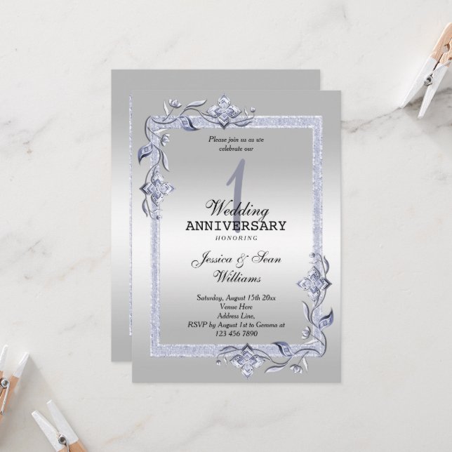 Invitation Saphir Gemme & Paillettes & Argent 1er Mariage (Devant/Arrière en situation)