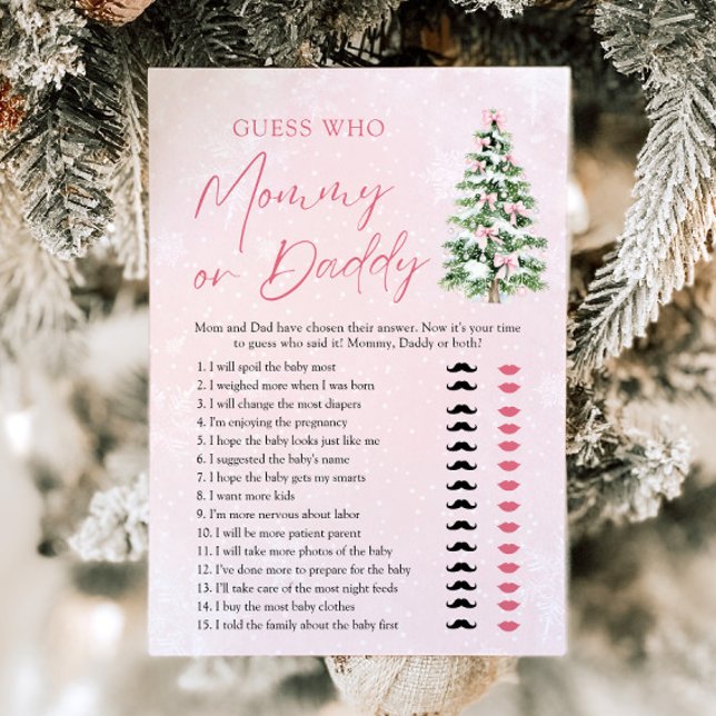 Invitation Sapin de Noël aux Rubans Roses Devinez Qui Maman o (Pink Bows Christmas Tree Guess Who Mom or Dad Game)