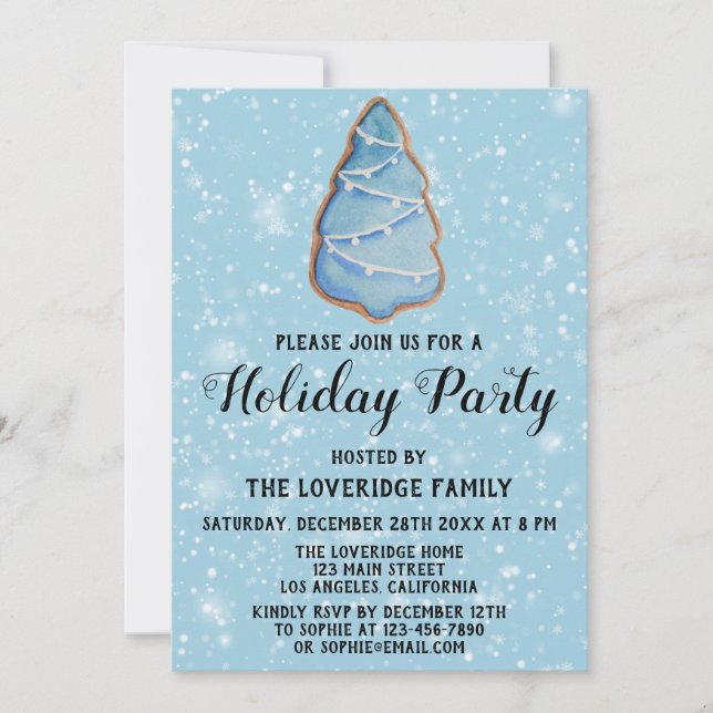 Invitation Sapin de Noël Bleu Cookie Fête de Vacances Neige (Devant)