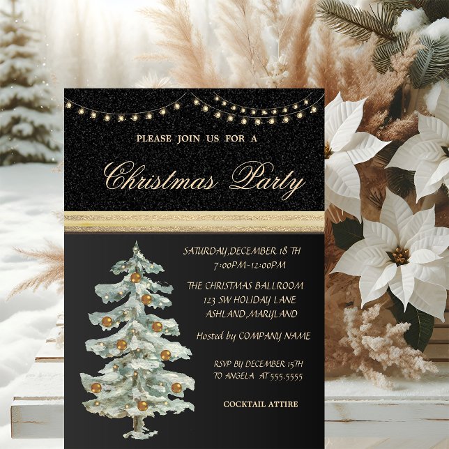 Invitation Sapin de Noël,Boules Dorées,Noir,Fête de Noël (Créateur téléchargé)