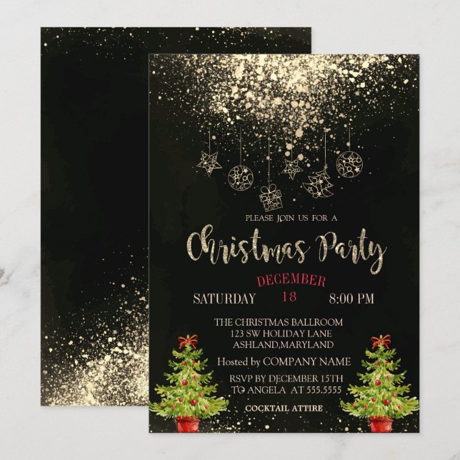 Invitation Sapin de Noël, Boules Soirée de Noël de l'entrepri (Devant / Derrière)