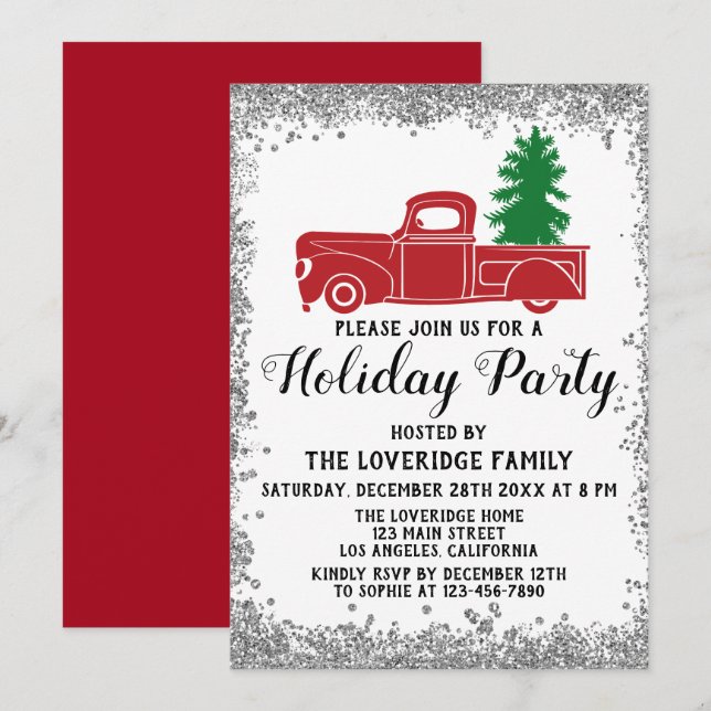 Invitation Sapin de Noël Camion Rouge Fête de Noël Argent (Devant / Derrière)