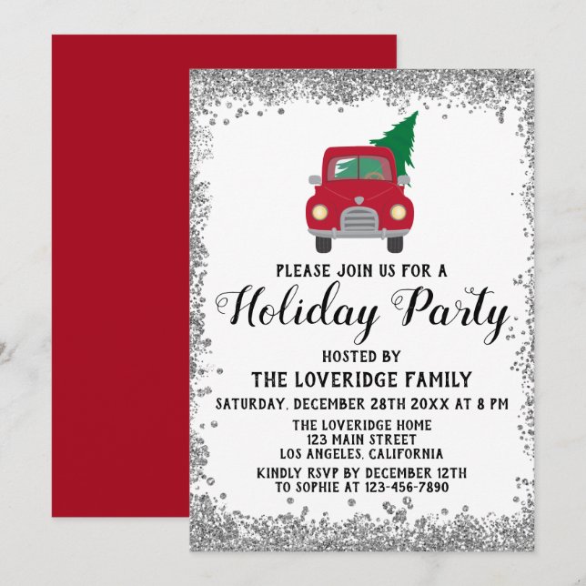Invitation Sapin de Noël Camion Rouge Fête de Noël Argent (Devant / Derrière)