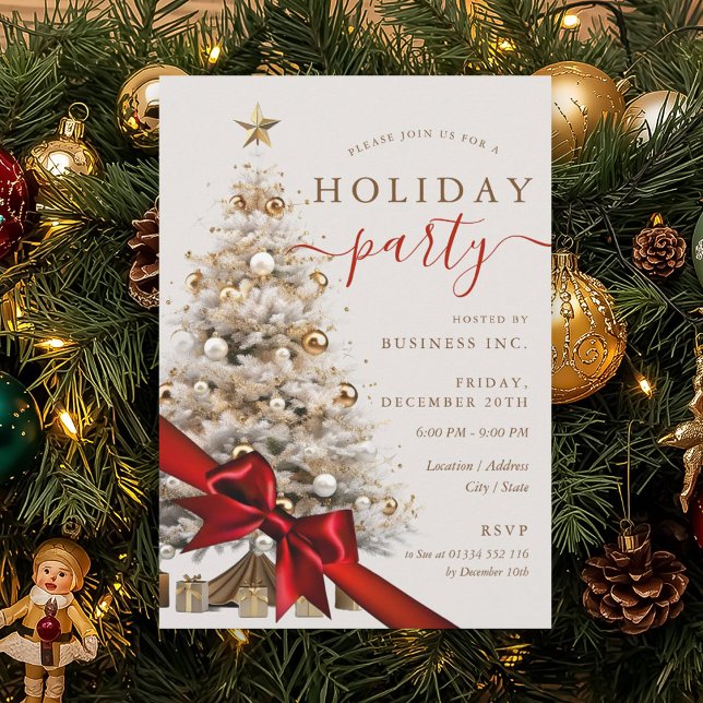 Invitation Sapin de Noël doré avec ruban rouge pour les fêtes (Gold Christmas Tree Red Bow Corporate Holiday Invitation)