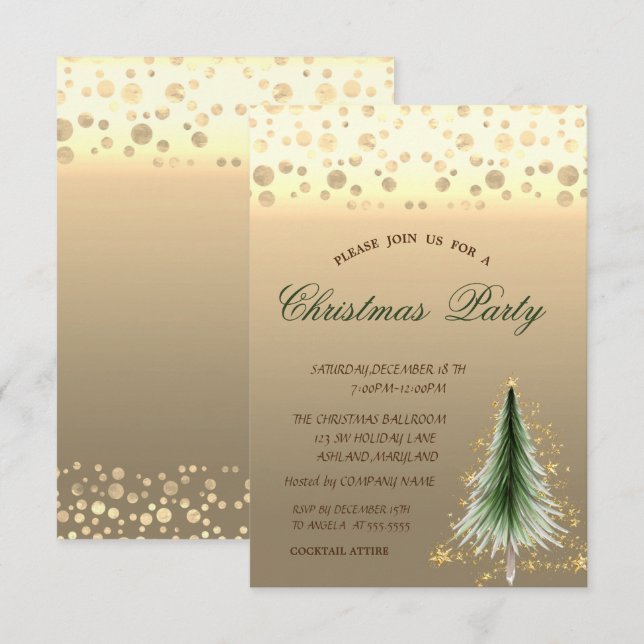 Invitation Sapin de Noël doré, Fête de Noël d'entreprise poin (Devant / Derrière)