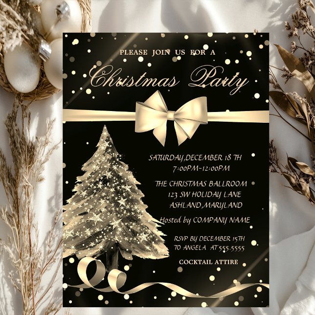 Invitation Sapin de Noël doré, Nœud, Fête de Noël (Créateur téléchargé)