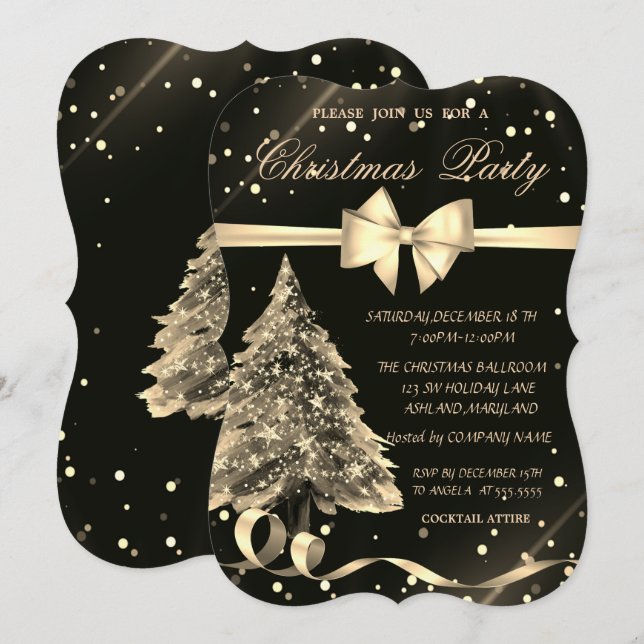 Invitation Sapin de Noël doré, Nœud, Fête de Noël (Devant / Derrière)