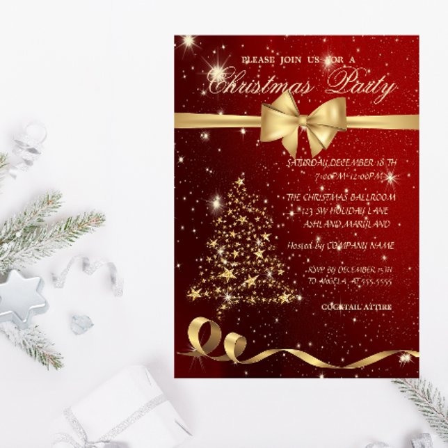 Invitation Sapin de Noël élégant, Arc, Rouge, Fête de Noël (Créateur téléchargé)
