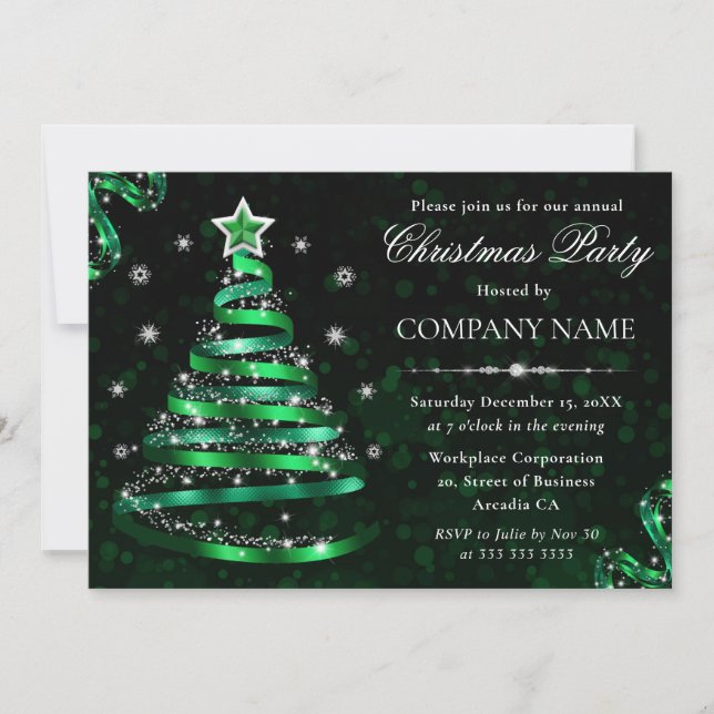 Invitation Sapin de Noël élégant vert et argenté scintillant  (Devant)