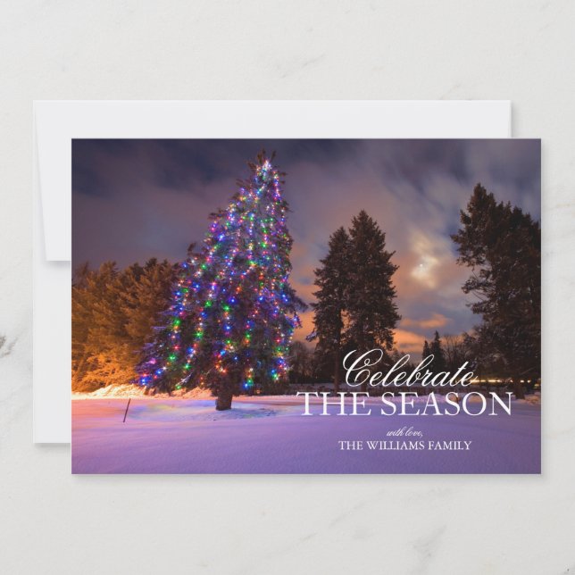 Invitation Sapin de Noël enneigé avec des lumières au crépusc (Devant)