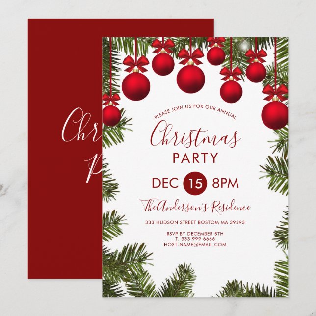 Invitation Sapin de Noël et boules rouges (Devant / Derrière)