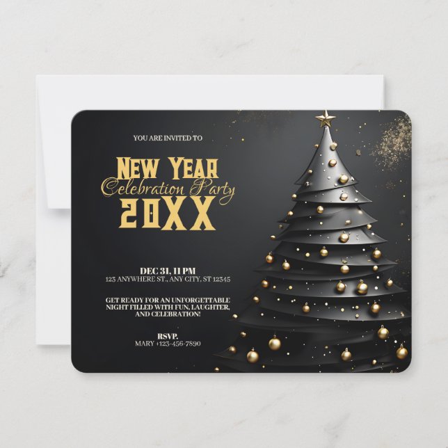Invitation Sapin de Noël et ornements dorés moderne Nouvel An (Devant)