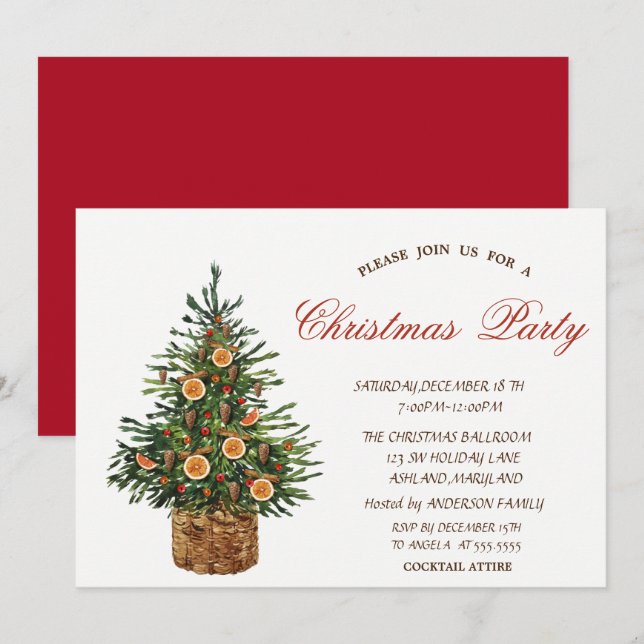 Invitation Sapin de Noël, Fête de Noël Rouge (Devant / Derrière)