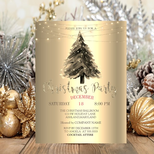 Invitation Sapin de Noël, Fête d'entreprise dorée de Noël (Créateur téléchargé)