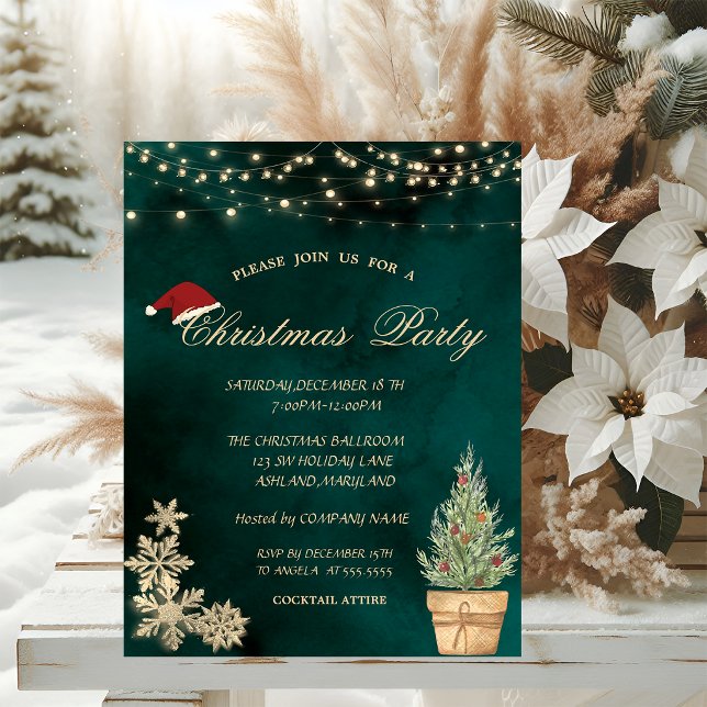 Invitation Sapin de Noël, Flocons de neige dorés Fête de Noël (Créateur téléchargé)