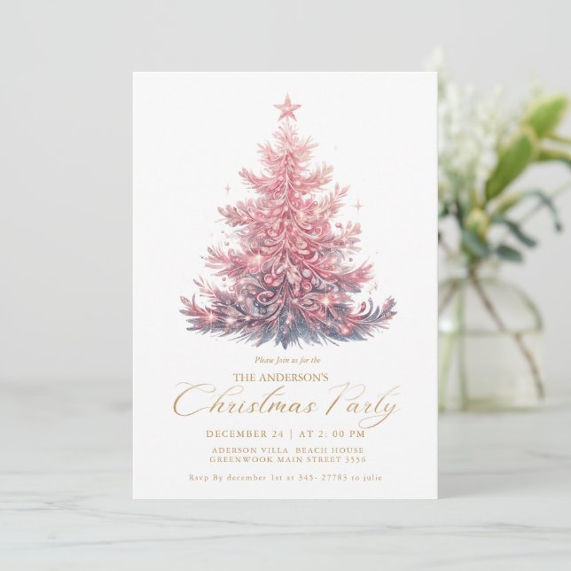 Invitation Sapin de Noël hivernal élégant rose et or script (Debout devant)