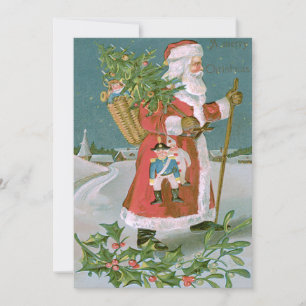 Invitation Sapin de Noël Père Noël Panier Jouets Houx