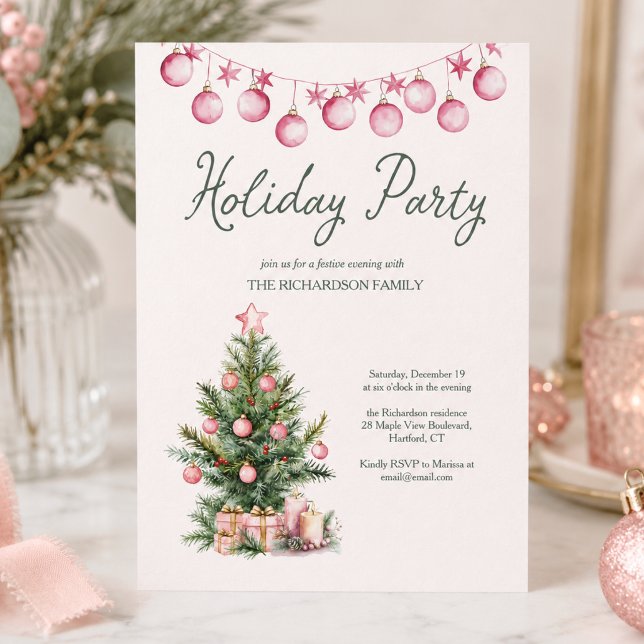 Invitation Sapin de Noël Rose pour Fête de Fins d'Année (cute whimsical pink christmas tree baubles custom holiday party invitation)