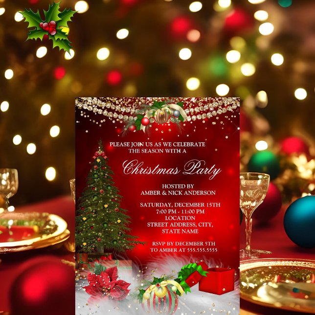 Invitation Sapin de Noël Rouge Or fête de Noël festive (Créateur téléchargé)