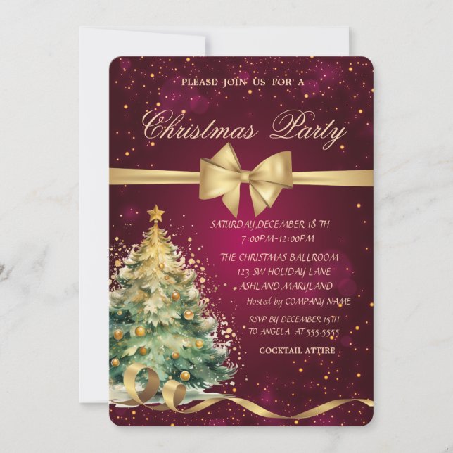 Invitation Sapin de Noël Ruban Doré Fête de Noël (Devant)