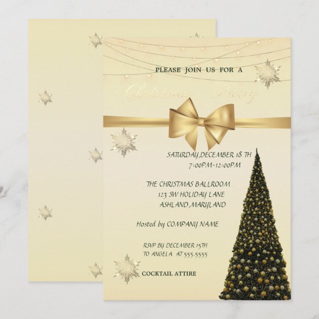 Invitation Sapin de Noël, Ruban doré, Fête de Noël de l'entre (Devant / Derrière)