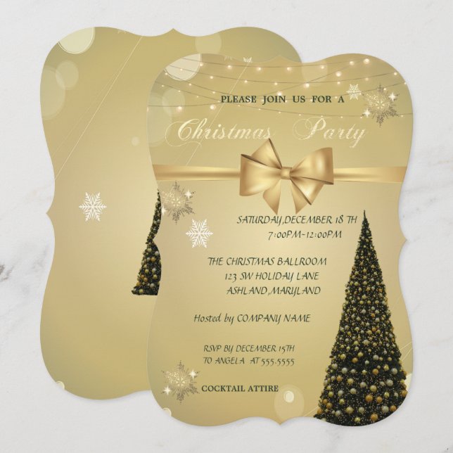 Invitation Sapin de Noël, Ruban doré, Fête de Noël de l'entre (Devant / Derrière)