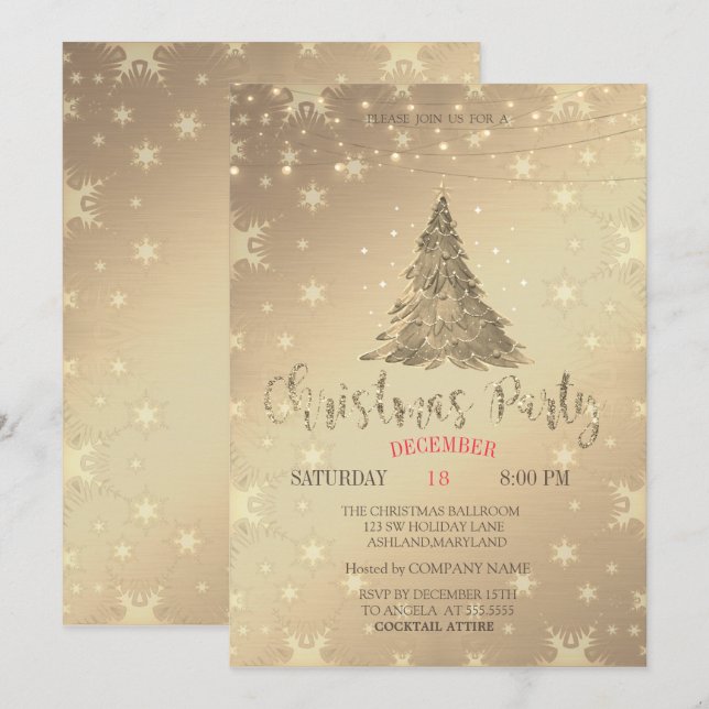 Invitation Sapin doré, Fête de Noël dorée (Devant / Derrière)