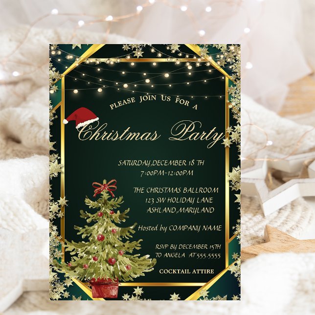 Invitation Sapin, Étoiles Lignes Vertes Société de Noël  (Créateur téléchargé)