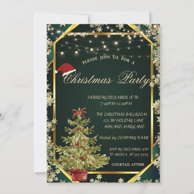Invitation Sapin, Étoiles Lignes Vertes Société de Noël  (Devant)
