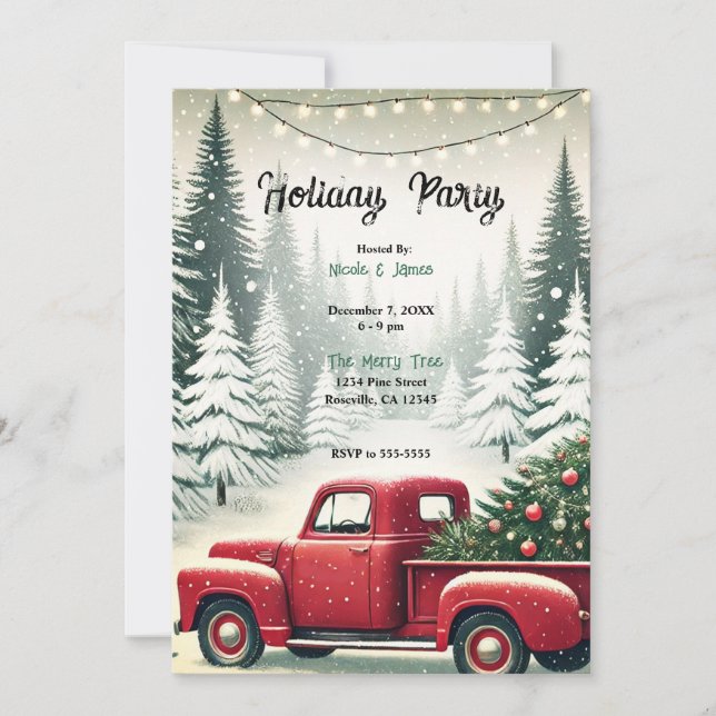 Invitation Sapins Rustiques Camion Rouge Hiver Fête de Noël (Devant)