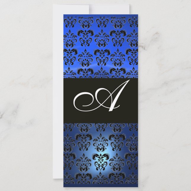 Invitation SAPPHIR BLEU ET MONOGRAMME DAMASSÉ NOIR, blanc (Devant)