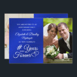 Invitation Sapphire Anniversaire Coeurs des années à jamais<br><div class="desc">Célébrez un anniversaire de mariage saphir (5ème 45ème ou 65ème) avec cette élégante invitation photo saphir bleu et blanc avec un script de calligraphie design de typographie # ANNÉES DANS FOREVER pour leurs années mariées avec des coeurs liés et 2 photos (une de chaque côté, peut-être photos d'Alors et Maintenant...</div>
