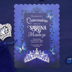 Invitation Sapphire Bleu, Diamant Tiara Papillon Quinceanera