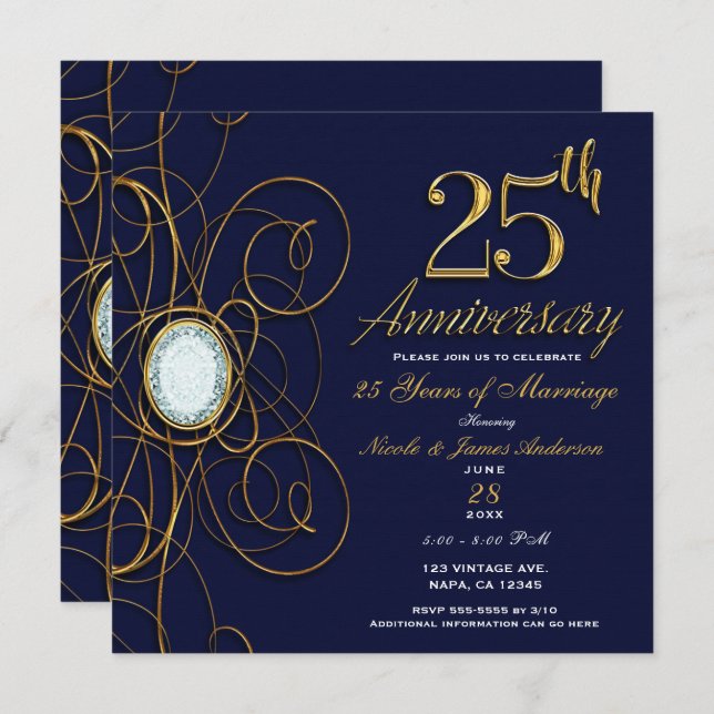 Invitation Sapphire Bleu & Or Diamant 25 25e anniversaire (Devant / Derrière)