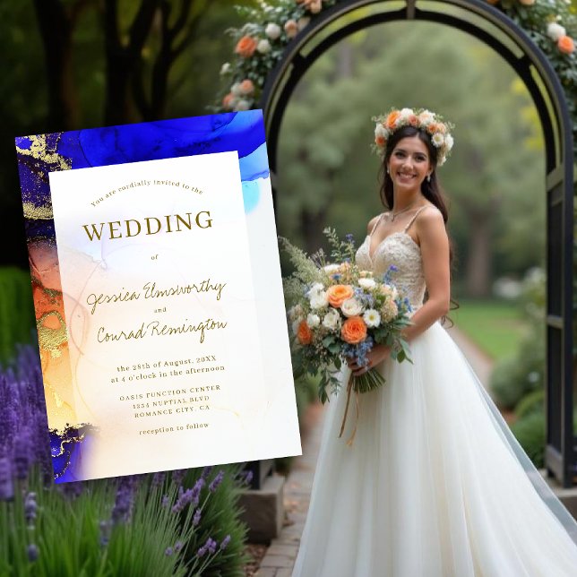 Invitation Sapphire Bleu Or Orange Mariage (Vibrant Sapphire Blue Gold Orange Wedding Invitation. Model is AI Gen.)